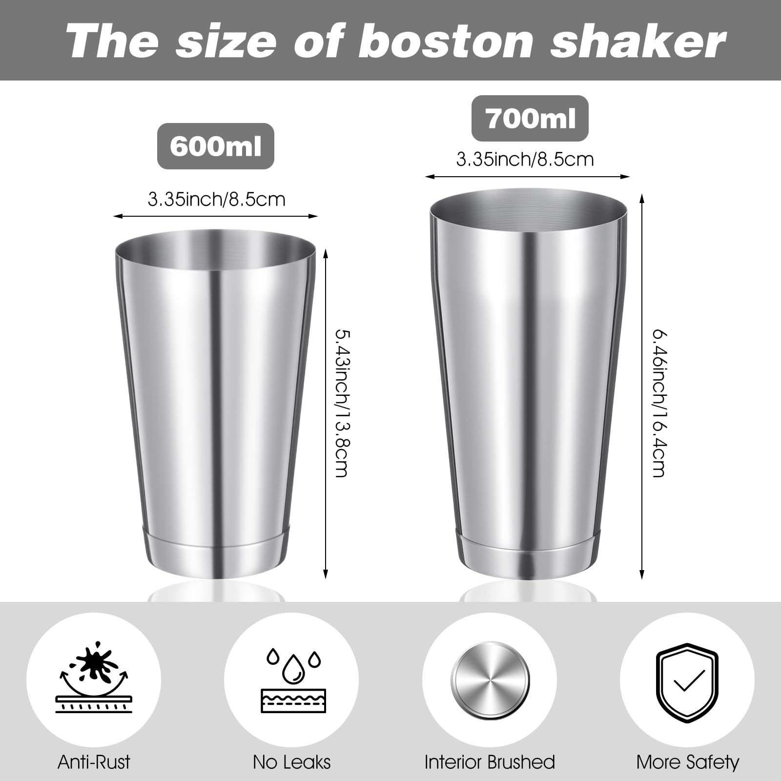 Juego de 4 cocteleras profesionales Boston de acero inoxidable, mezclador de bebidas Martini, herramienta básica, batido ponderado, juego de coctelera de metal (plateado) 2