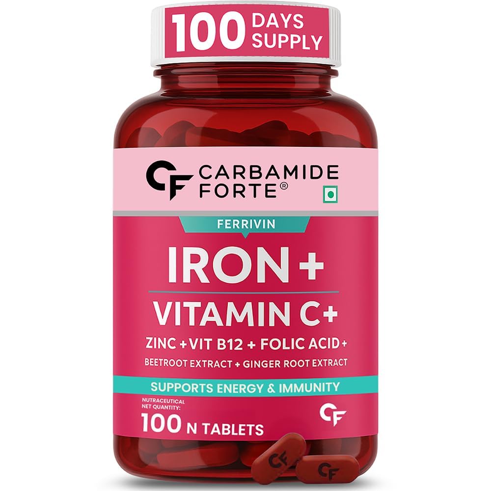 Carbamide Forte Iron Supplement for Women & Men | Folic Acid Tablets with Vitamin C, B12, Zinc | 100 Veg Iron Tablets for Women & Men