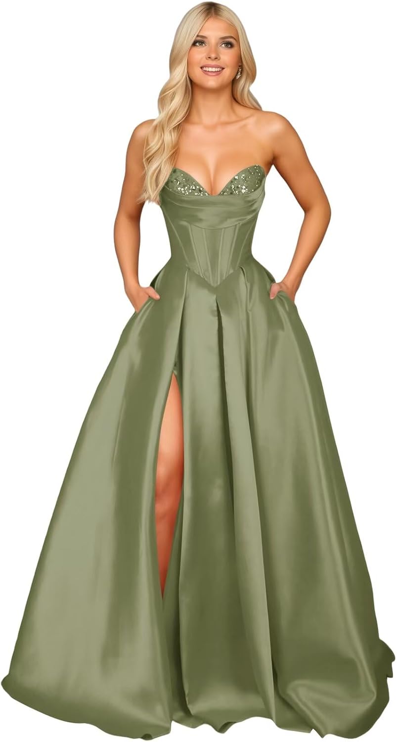 Cudiew Satin Corset Prom Dress for Women Sparkly Sequin Strapless Maxi A Line Ruched Formal Evening Ball Gown