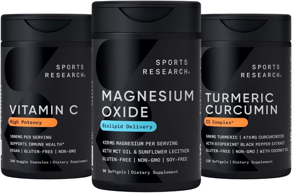 Sports Research® Multivitamins Pack - High Potency Vitamin C Supplement 1000mg + Magnesium Oxide 420mg + Turmeric Curcumin C3 Complex w/BioPerine Black Pepper Extract