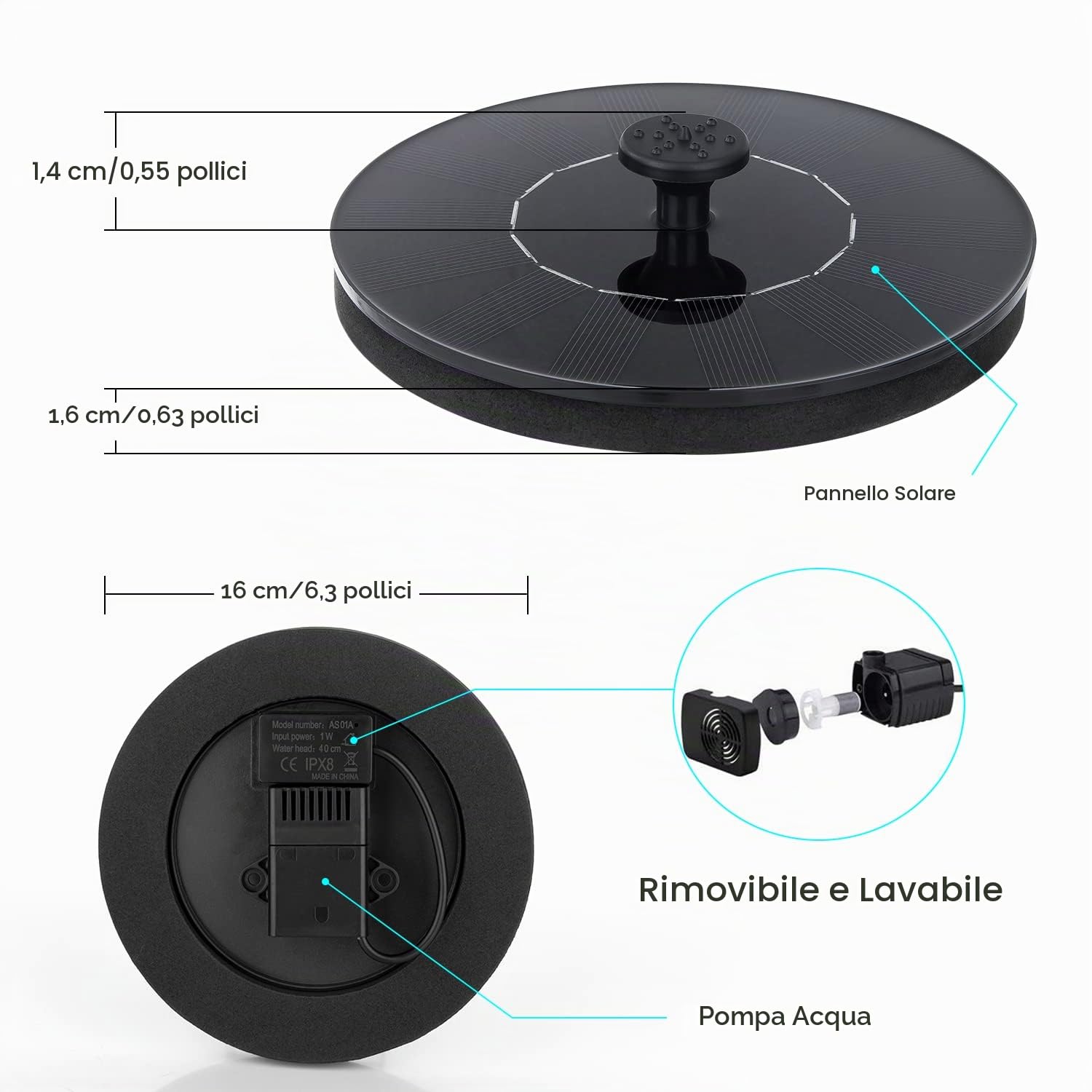 Mademax Fontana solare da 1 W, fontana per uccelli con 6 ugelli, autoportante, galleggiante, ad energia solare, per vasca per uccelli, giardino, stagno, piscina, all'aperto