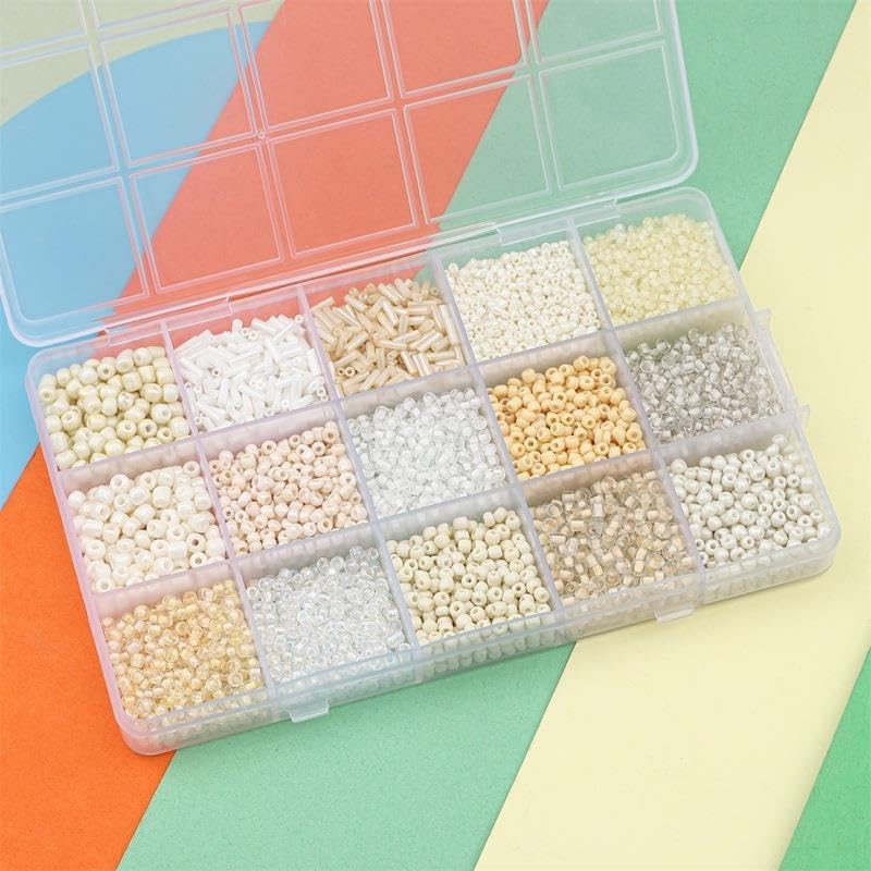 15 Color 4mm Small Assorted Glass Seed Beads,3mm Bugle Beads Friendship Bracelet Kit,2mm Tiny Tube Bead for Jewelry Making(White) - Image 3