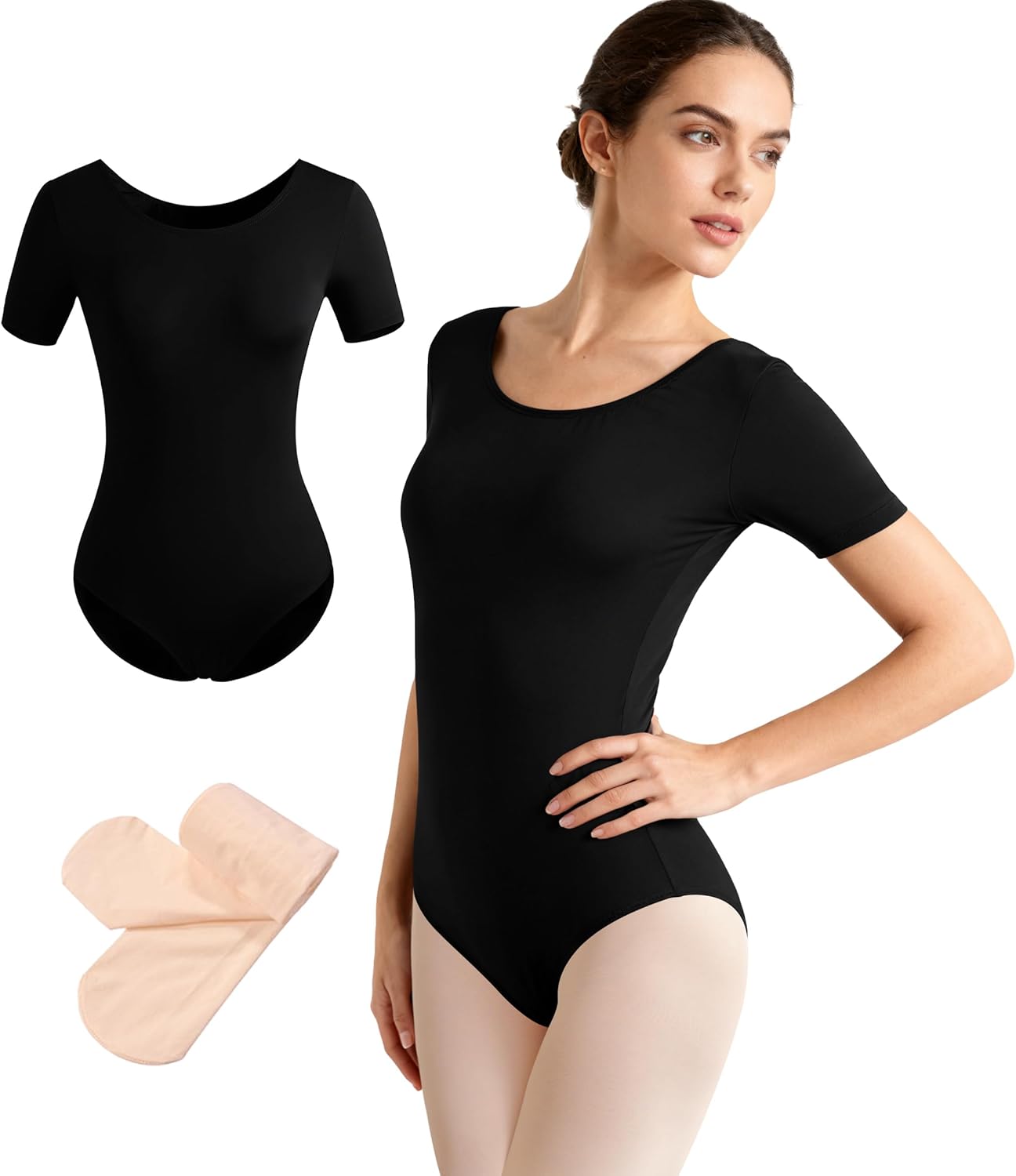 Women Short Sleeve Leotard with tights for Ballet Dance Gymnastics,Full Lining