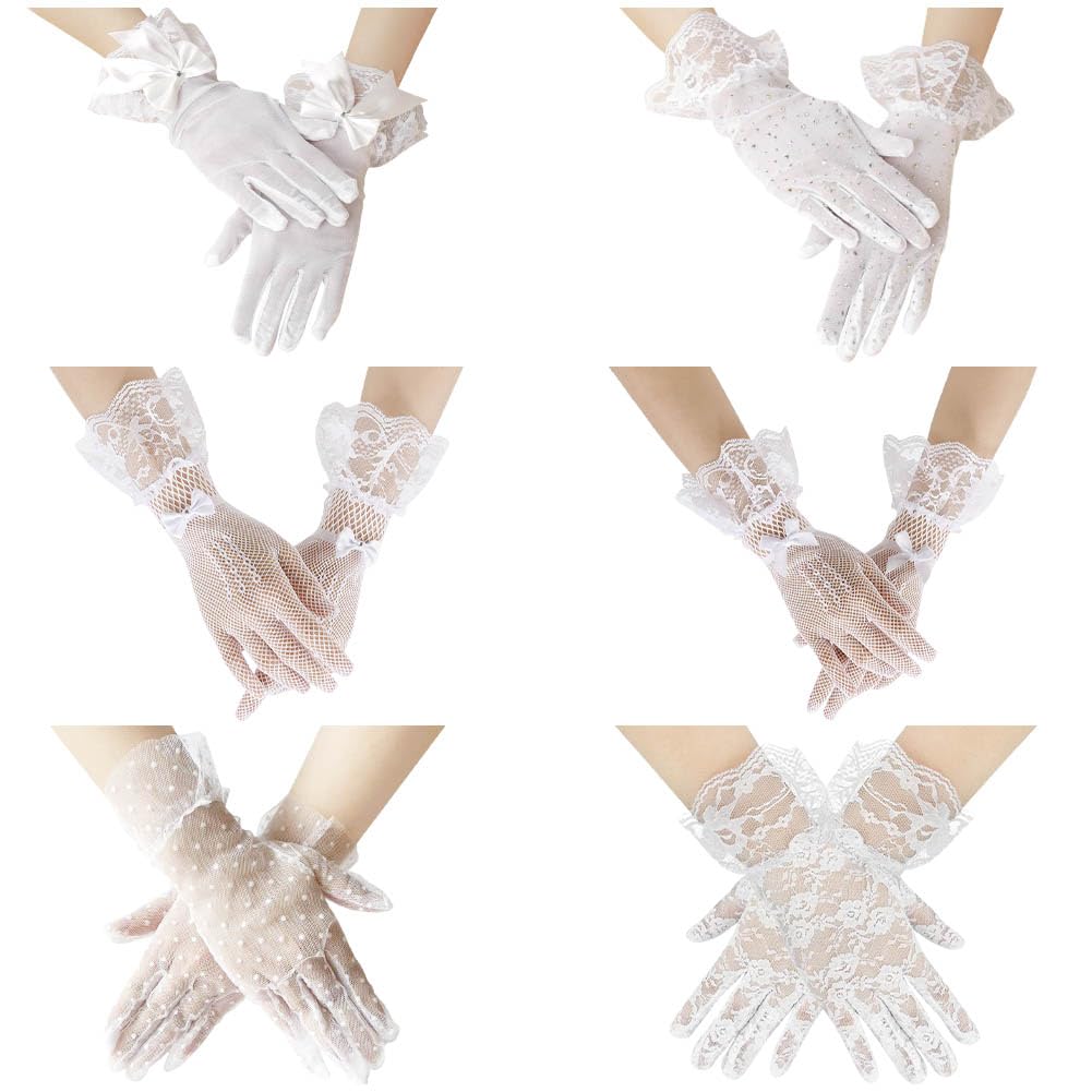 KABAKE 6 Pairs Lace Gloves Women Tea Party Gloves Elegant Short Gloves Vintage Lace Gloves for Women Halloween Wedding Party