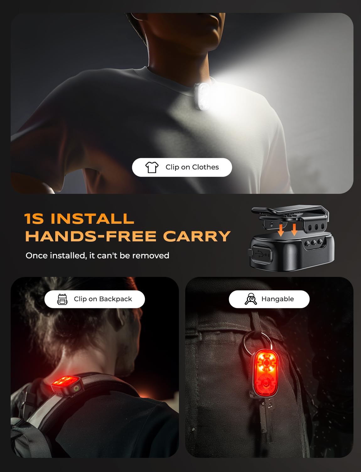 Glangeh Clip On Torch with Spot & Flood, 10 Mode Mini Flashlight, Extended Runtime & IP65 Waterproof Security Lighting - Image 4