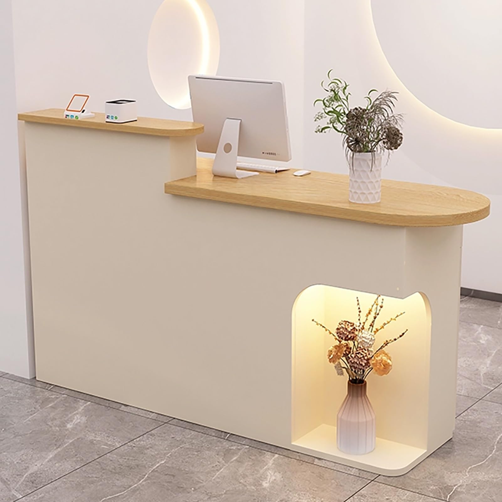 Generico Banco Reception Moderno con Illuminazione a LED, Elegante bancone per Negozi con cassetto e vano portaoggetti, Mobile Reception per Ufficio per Negozi (Beige, 1