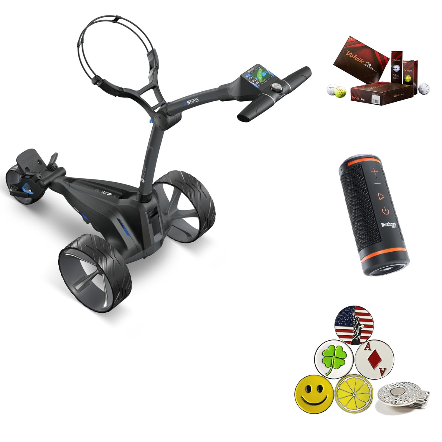 Motocaddy New M5 GPS DHC Electric Caddy Cart Bundle with Holders for Umbrella/Scorecard/Drink, Device Cradle, Bushnell Wingman, 1 Dozen Volvik Golf Ball, 5 Ball Markers, & 1 Magnetic Hat Clip