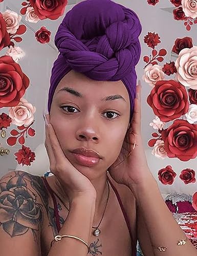 Miniatura 4 de Harewom - 2 pañuelos para la cabeza para mujeres negras, bufanda elástica para la cabeza, turbante de tela jersey para cabello afro