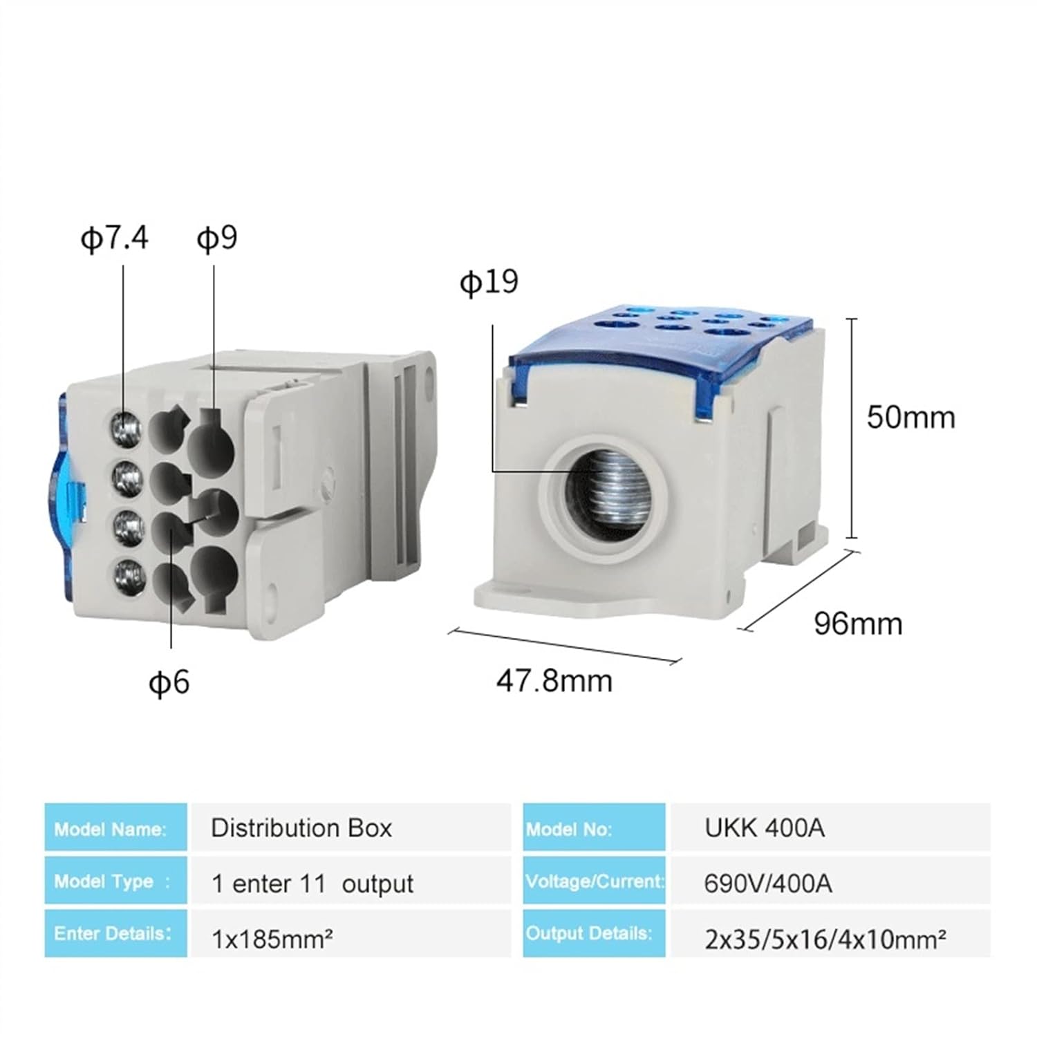 1Pcs UKK400A UKK-400A Junction 1 in 11 Out Universal Wire Electrical Connector Din Rail Terminal Block Power Distribution Box