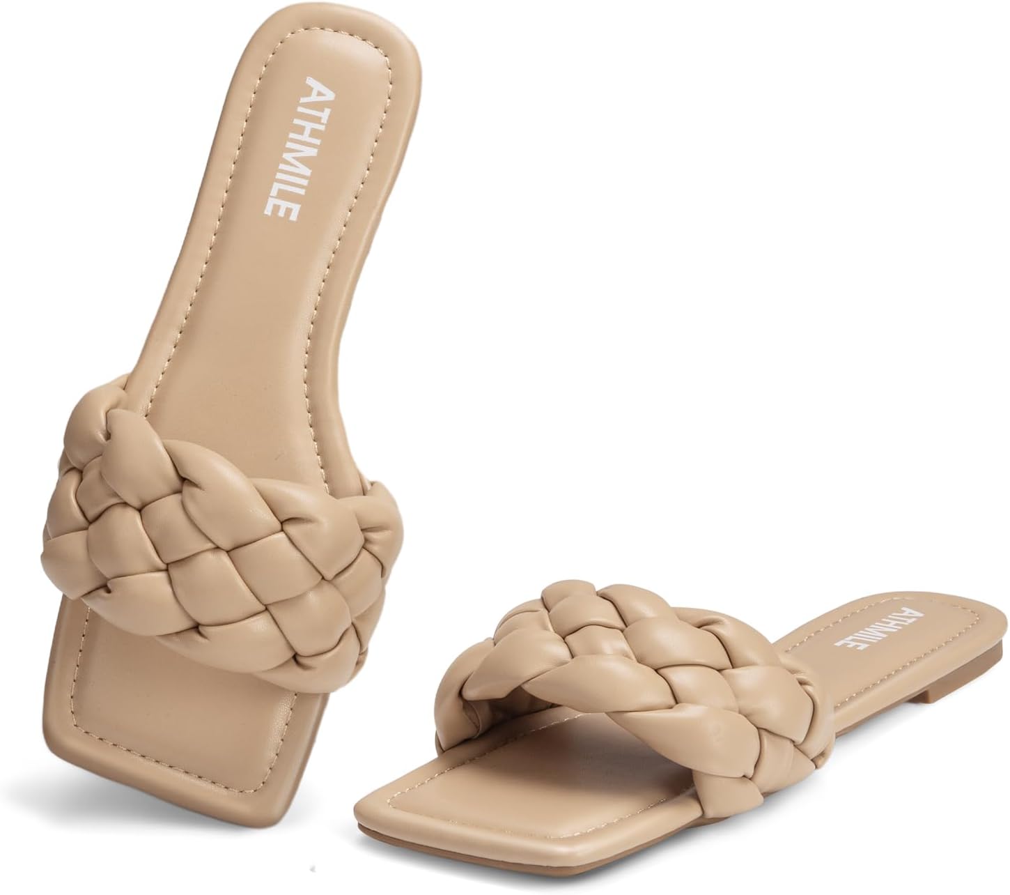 ATHMILE Braided Womens Sandals 2026 Square Open Toe Fashion Slide Sandals Women Dressy Summer Flat Beach Size 6-11