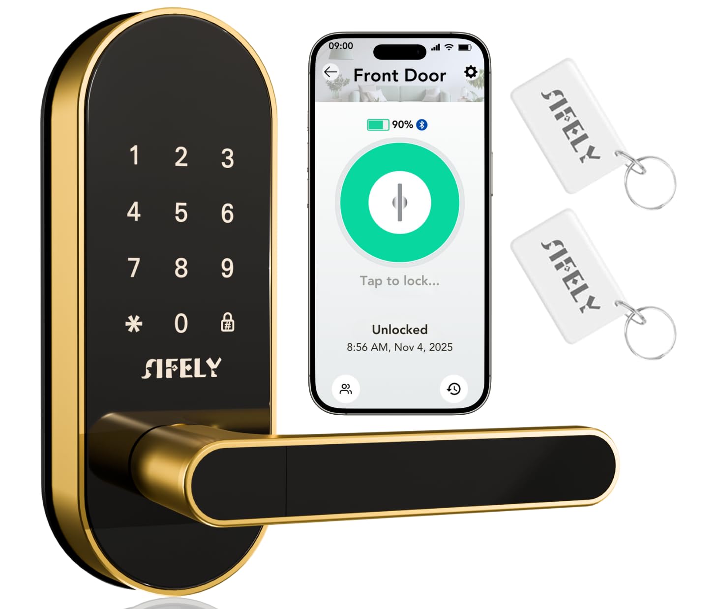 Keyless-Entry Keypad Elektronisches Türschloss: digitales intelligentes Schloss mit Code Passcode, elektrischer Türknauf/Griff, perfekt für Eingangstüren, Schlafzimmertüren (Gold, App-Steuerung, ohne