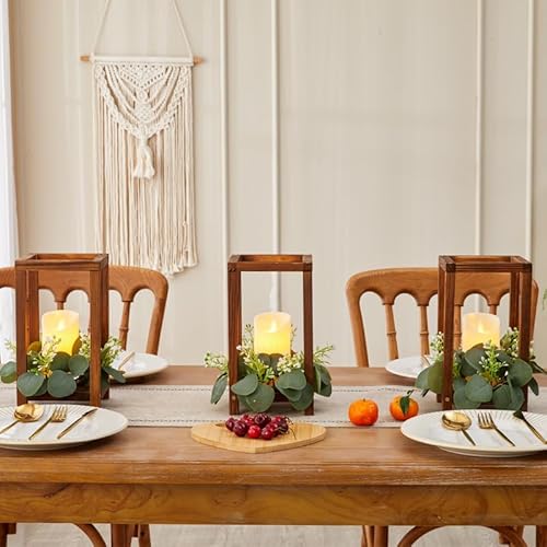 Neoflavie Wooden Wedding Lantern Centerpiece Include Wooden Lantern Candle Holder Flameless LED Candle Eucalyptus Leaves Wreath for Centerpieces Wedding Table Party Farmhouse Decor - Image 7