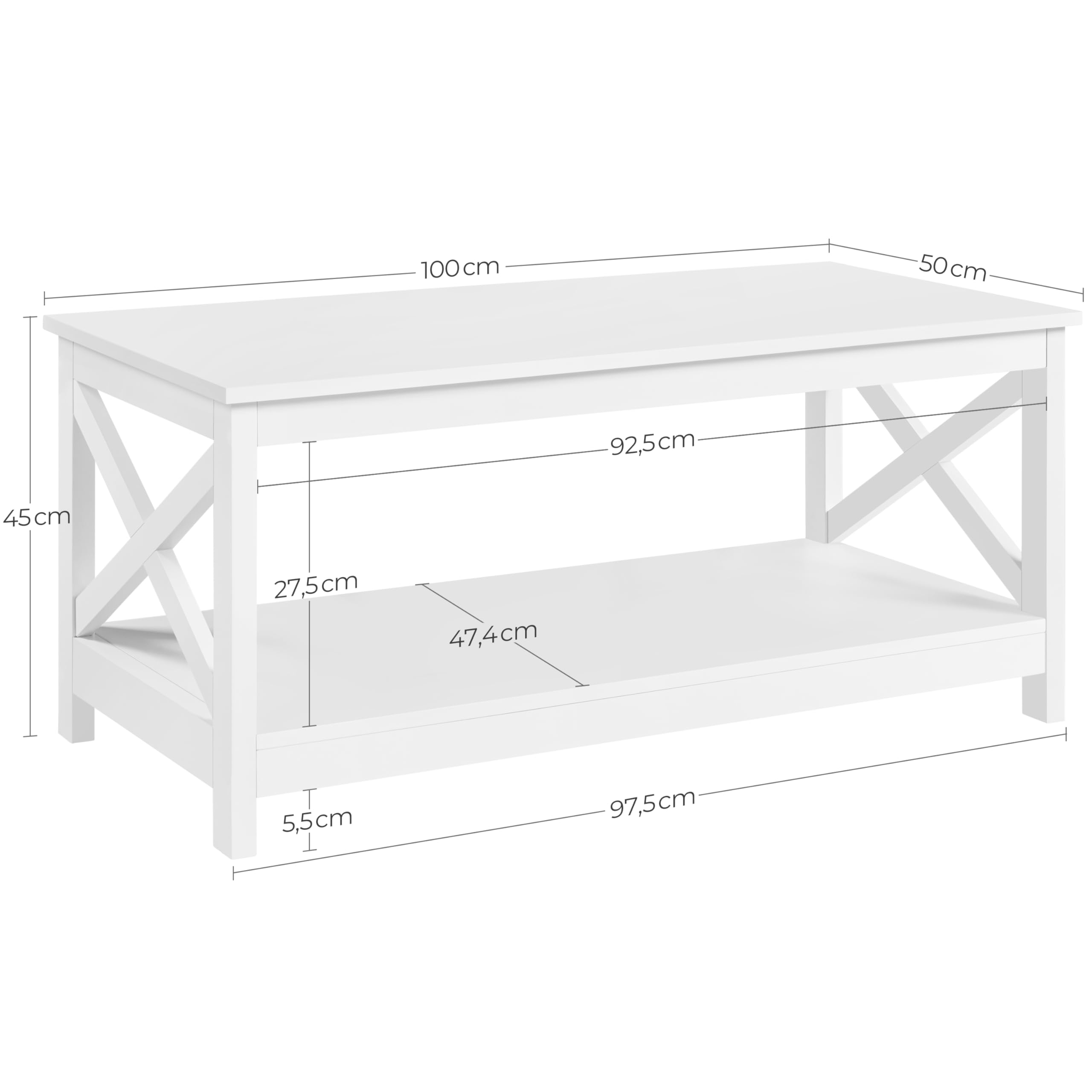 Yaheetech Tavolino da Caffè Tavolino Basso da Salotto Tavolo da Divano a 2 Ripiani Moderno Portaoggetti in Legno con Piano Inferiore Grande da Soggiorno Bianco 100 x 50 x 45 cm