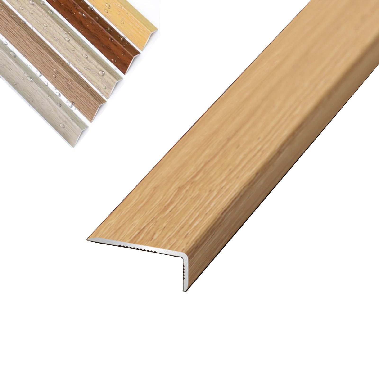 Floor Transition Strip Aluminum Stair Edge Nosing with Wood Grain，90cm L Shaped Doorway Trim, Grain Corner Wall Protector for Cabinet/Baseboard/Threshold(Light Oak,W2CM)
