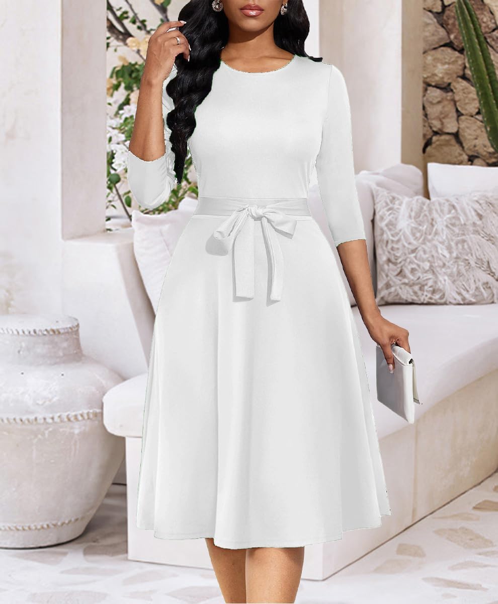 Casual Dresses for Women Midi Church A-Line Fit and Flare Dress Crewneck 3/4 Sleeve Party Dress - Image 2