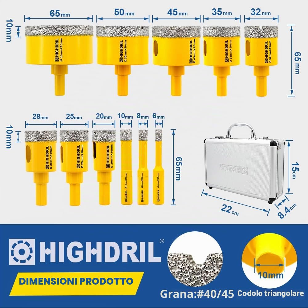 HIGHDRIL Trapano Diamantato Kit 11pezzi (6/8/10/20/25/28/32/35/45/50/65mm Punte per Trapano) Seghe a Tazza per Piastrelle Ceramica Marmo Granito