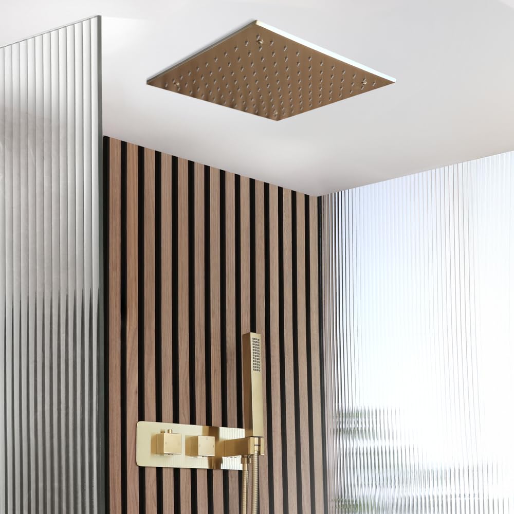 Milano Lyra Thermostatic Mixer Valve 400mm Recessed Shower Head Handset - Brushed Brass