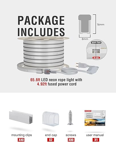 Miniatura 6 de Shine Decor Tira de luces LED de neón de 65.6 pies, brillante 6300K blanco frío AC110V-120V, tira de luz de neón de 0.315 x 0.630 in, cortable,