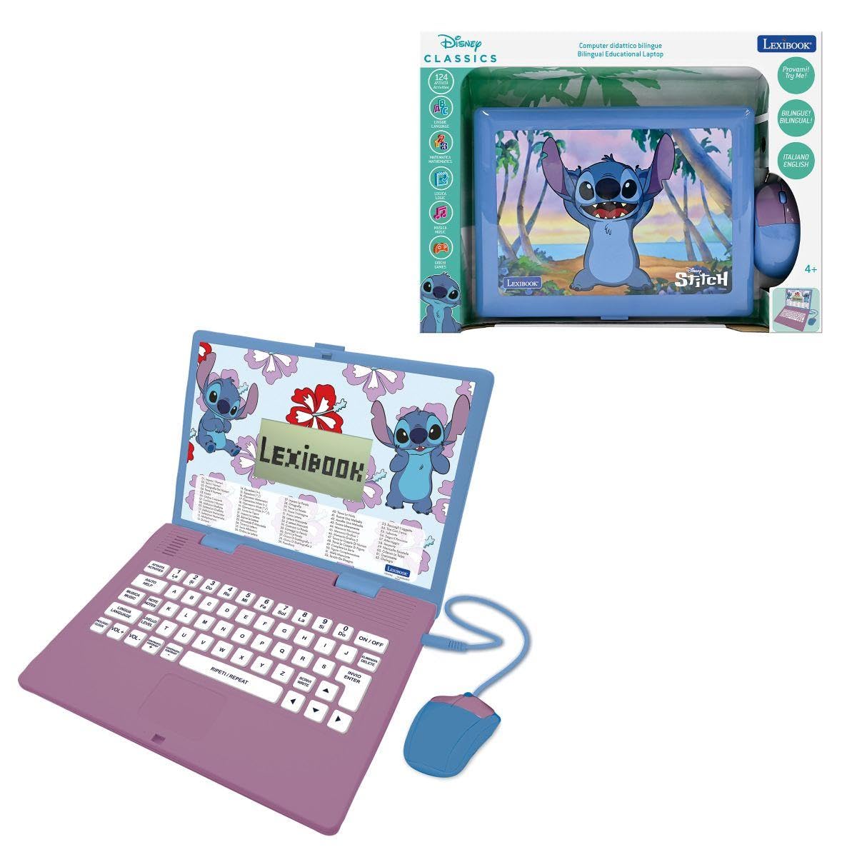 Lexibook, Disney Stitch, Computer educativo bilingue italiano/inglese, Giocattolo per bambini con 124 attività e giochi di lingua, scrittura, matematica, logica, musica, Viola/Blu, JC598Di5LXB