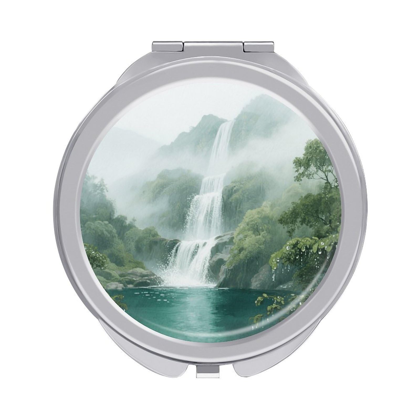 Fekiloot Style Mountain Waterfall Travel Makeup Mirror Handheld Compact Mirror Portable Pocket Mirror Double-Sided 1X/2X Magnifying For Handbag And Purses