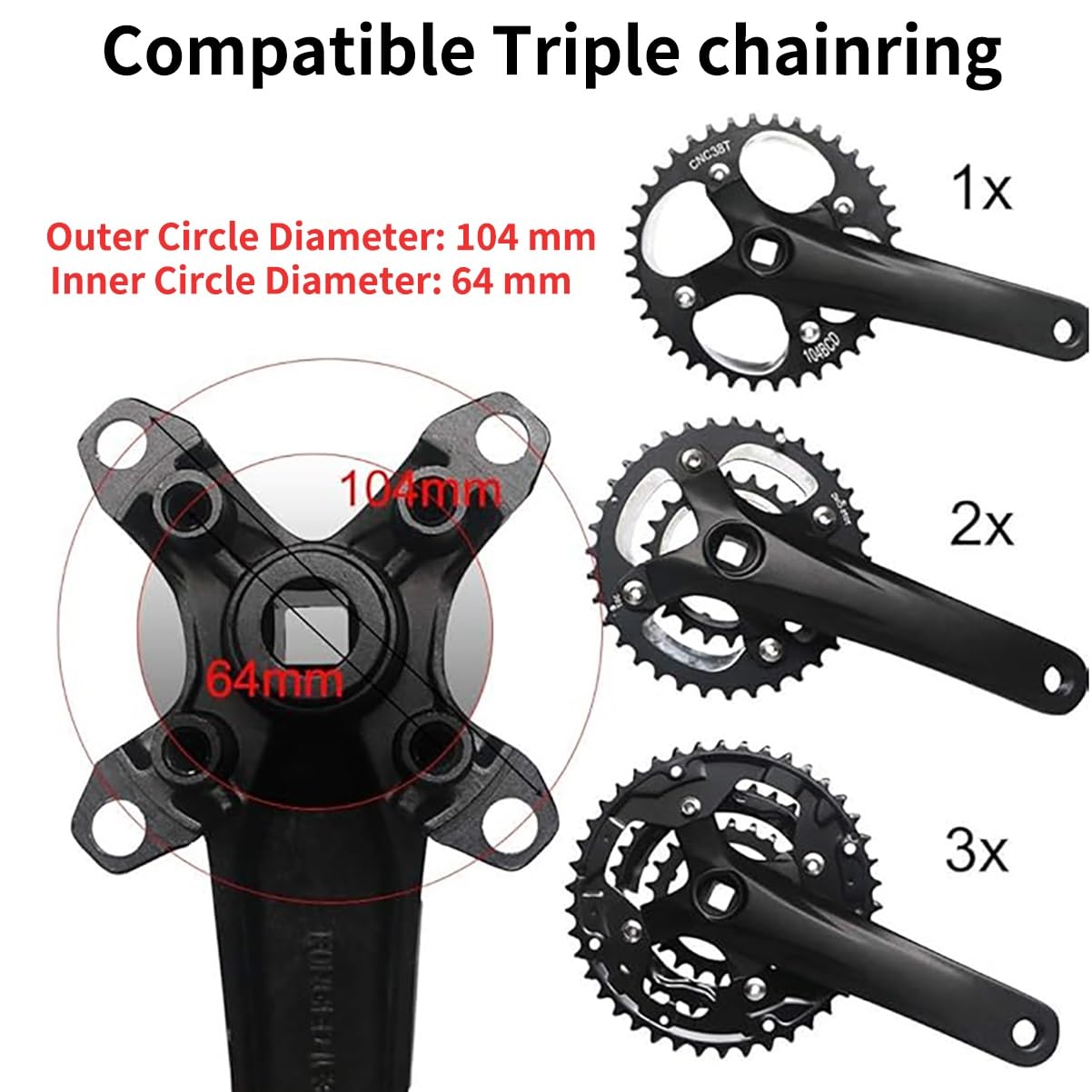 104/64 BCD Set di Pedivelle A Cono Quadrato con 30T/32T/34T/36T/38T/40T/42T Ingranaggio Stretto E Largo 170mm 175mm Guarnitura per Bicicletta da Montagna(170mm,36T)