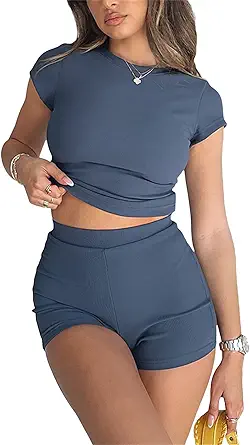 Women Ribbed Knit 2 Piece Outfits Short Sleeve Solid Slim Fit Shirt Top High Waist Shorts Set Streetwear