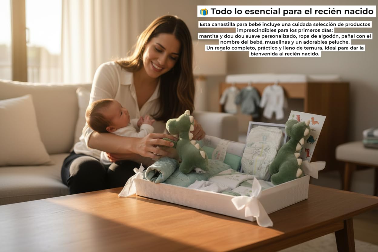 Danielstore - Canastilla Bebé Personalizada | Manta y Dou Dou con Nombre | | Set Primera Puesta Bebé | Pañal nombre bordado | Pack gasas | Cesta para Recién Nacidos| verde
