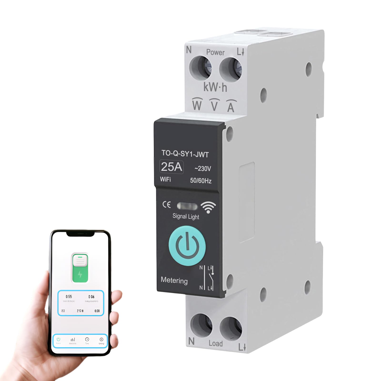 Interruptor WiFi, 1P+N 25A 230V, interruptor de control remoto inalámbrico para hogar inteligente, temporizador, control de voz monitor de energía compatible con la aplicación Smart Life TUYA riel DIN