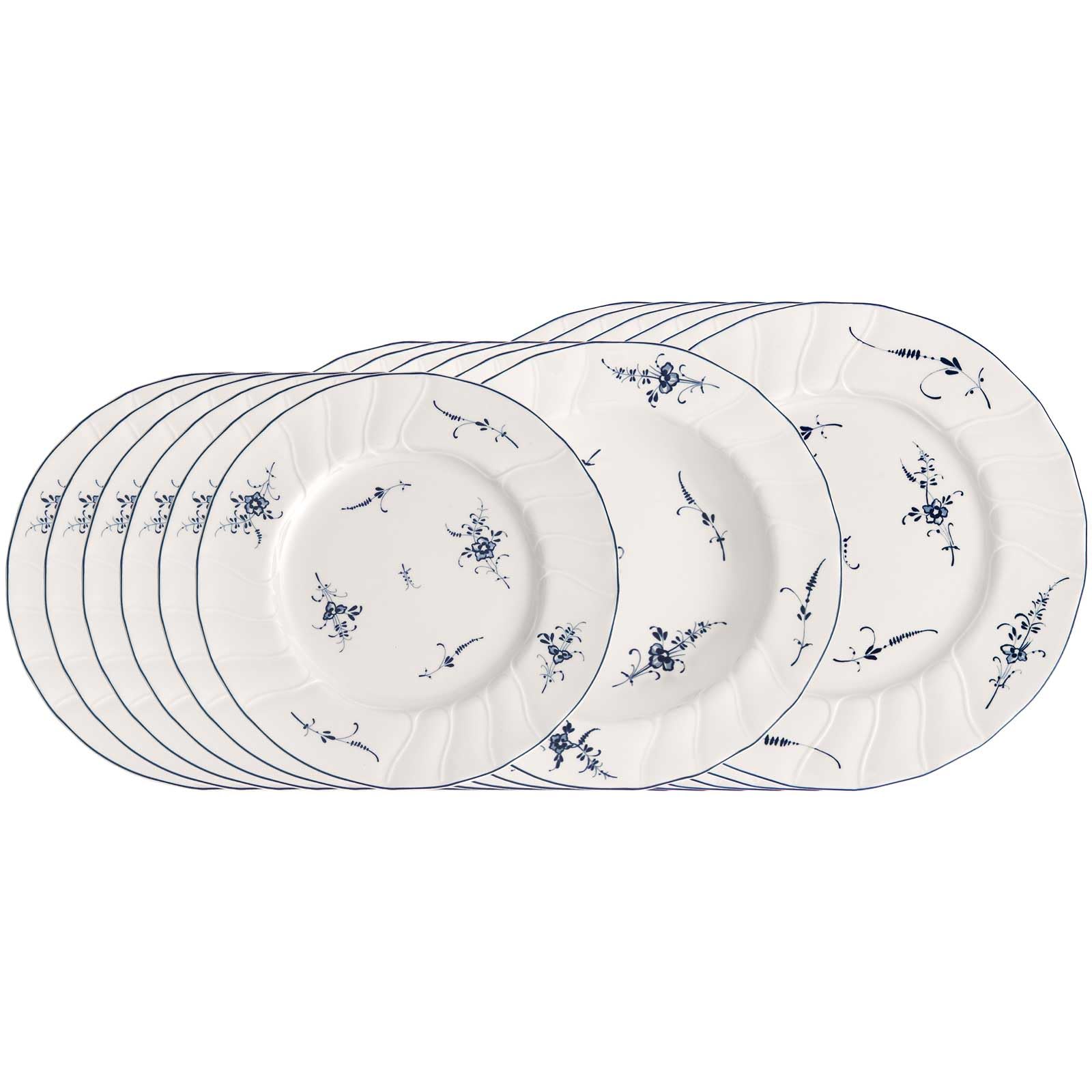 Villeroy & Boch Vieux Luxembourg Teller-Set 18-teilig, Weiß-Blau | Geschirrset für 6 Personen, Filigranes Relief, Premium Porzellan, Spülmaschinenfest & Mikrowellensicher,