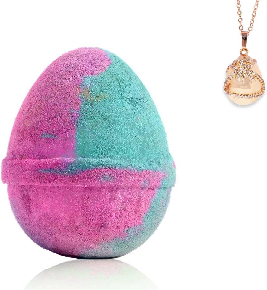 Fragrant Jewels Easter Egg Bath Bomb with Surprise Inside | 18K Rose Gold Egg Pendant | Easter Eggs with Jewelry (Pink & Teal | Ribbon Design)