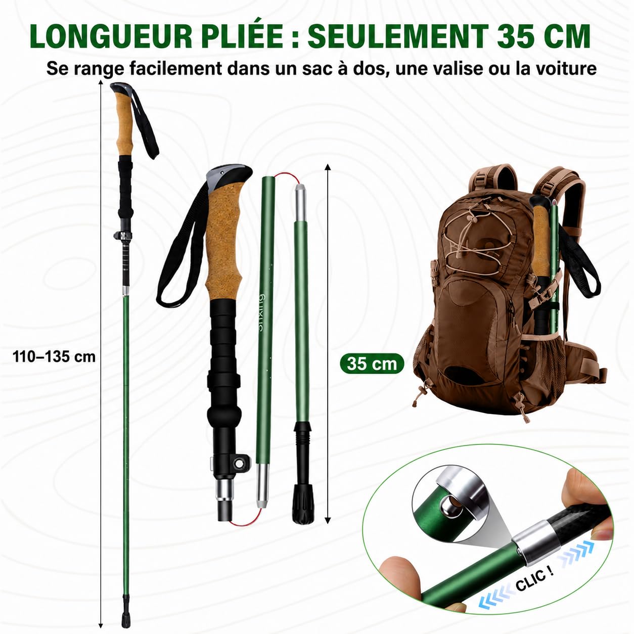 Bâtons de randonnée Pliables Lot de 2, 35 cm, Carbone-alu | 35 cm pliés; réglables 110–135 cm; carbone 3K + alu 7050; liège + EVA; housse & embouts pour randonnée/trek