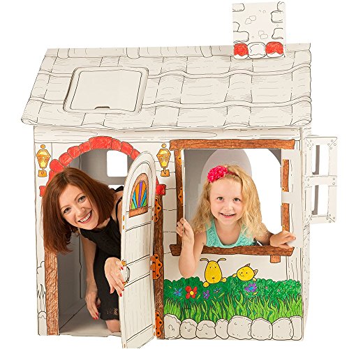 Cardboard Playhouse for Kids to Color - Create an Easy Play House with Included Markers and Over 50 Sticker Decorations!