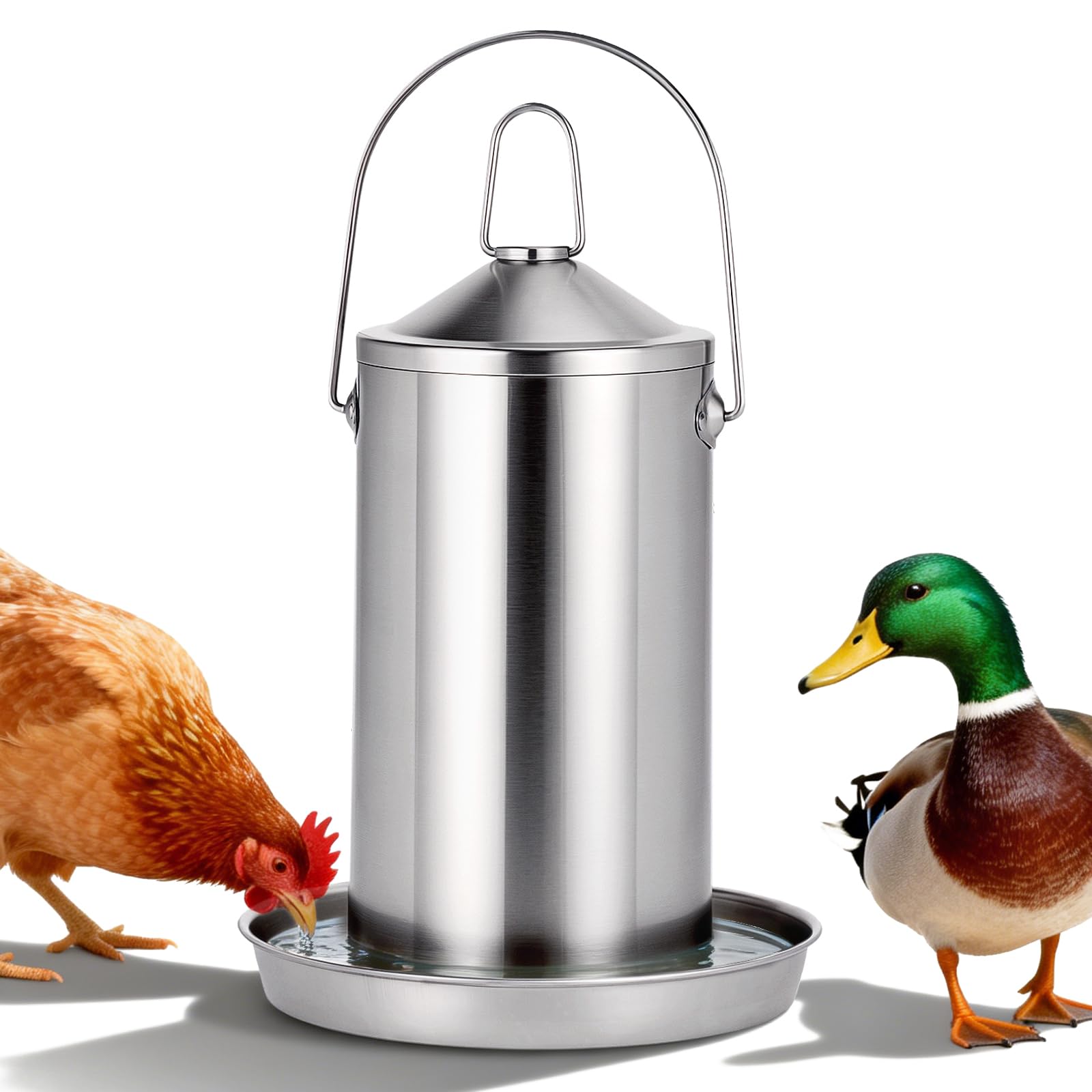 Bebedero para Pollos de Acero Inoxidable 4 litros, dispensador de Agua para Aves con Recarga automática por Gravedad, Fuente de Agua para Colgar o Colocar en el Suelo, Ideal para Patos, Palomas
