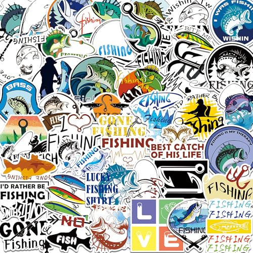 BAIYINGMOER 50 Pcs Fishing Stickers for Scrapbooking, Waterproof Vinyl Outdoor Angler Stickers for Laptops Water Bottles Journals, Bass Fish Lake Adventure Decals for Teens Adults