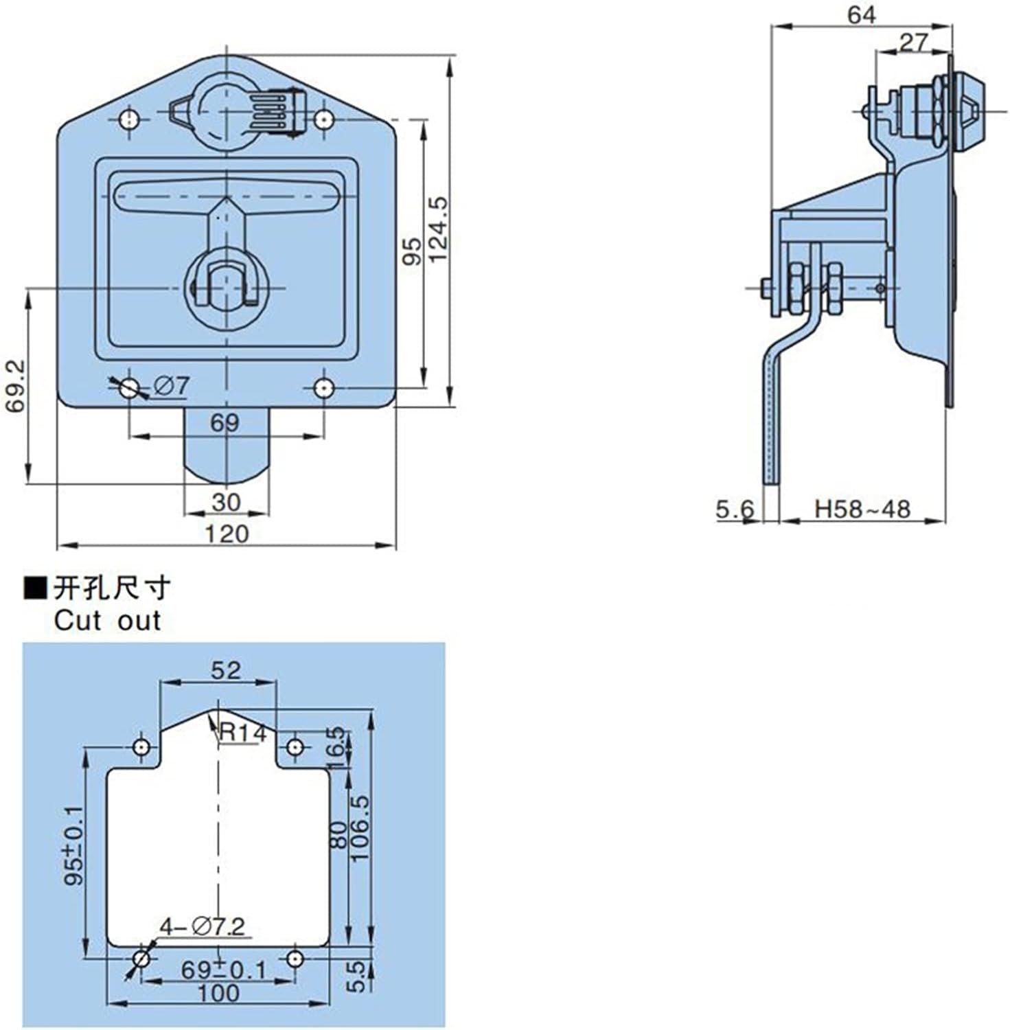 Trailer Door Latch T-Handle Lock Highly Polished Stainless Steel Keys with Gasket - Folding T Handle RV Camper Truck 1Pcs