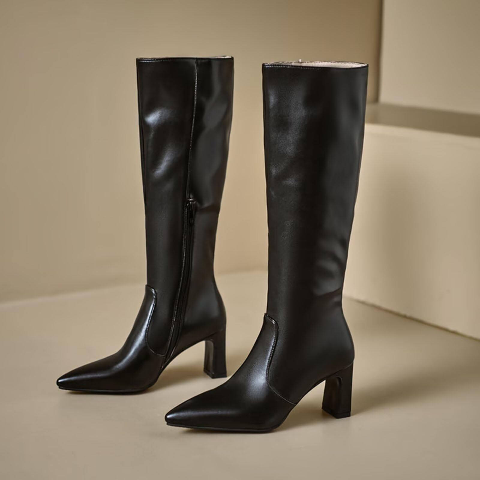 Generico Stivali Ginocchio Donna Tacco Largo Stivali A Punta 8cm Heels