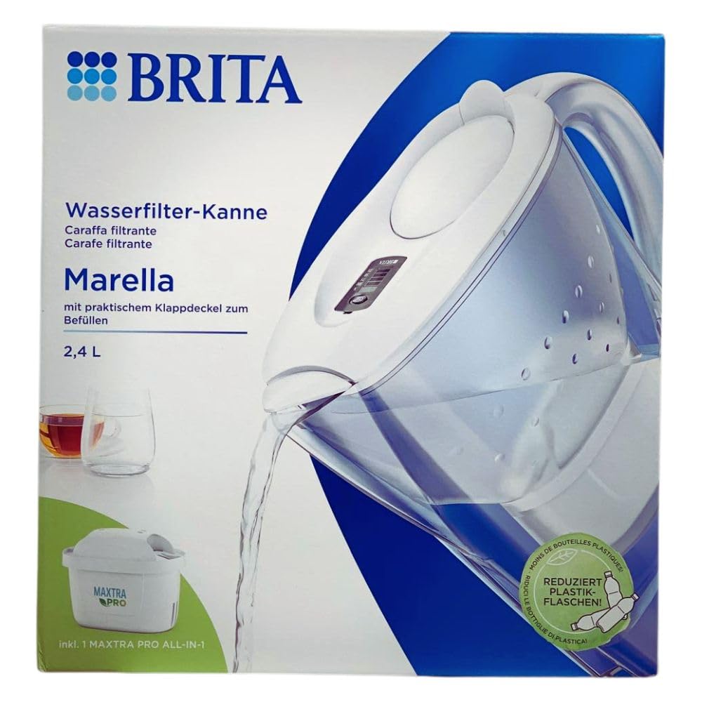 Caraffa Filtrante MARELLA per acqua, Bianco (2.4l) - incl. 1 Filtro MAXTRA PRO per la riduzione di cloro, calcare e impurità + Filtro per acqua MAXTRA PRO All-in-1 Confezione Da 12 Filtri