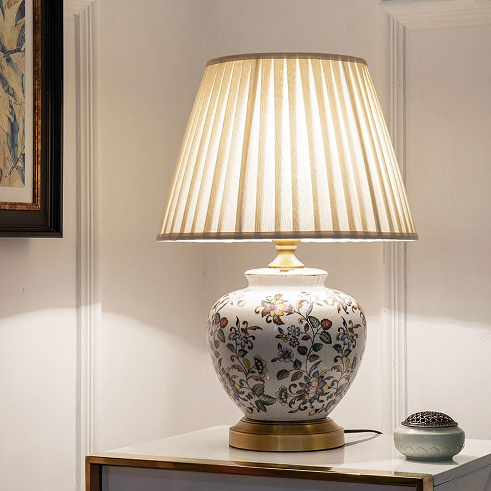 SGKOMN 21.6" Farmhouse Ceramic Table Lamp For Bedroom With Fabric Drum Shade Chinoiserie Crack Glaze Vintage Desk Lamp For Living Room Nightstand Lamp End Table Lamps-A