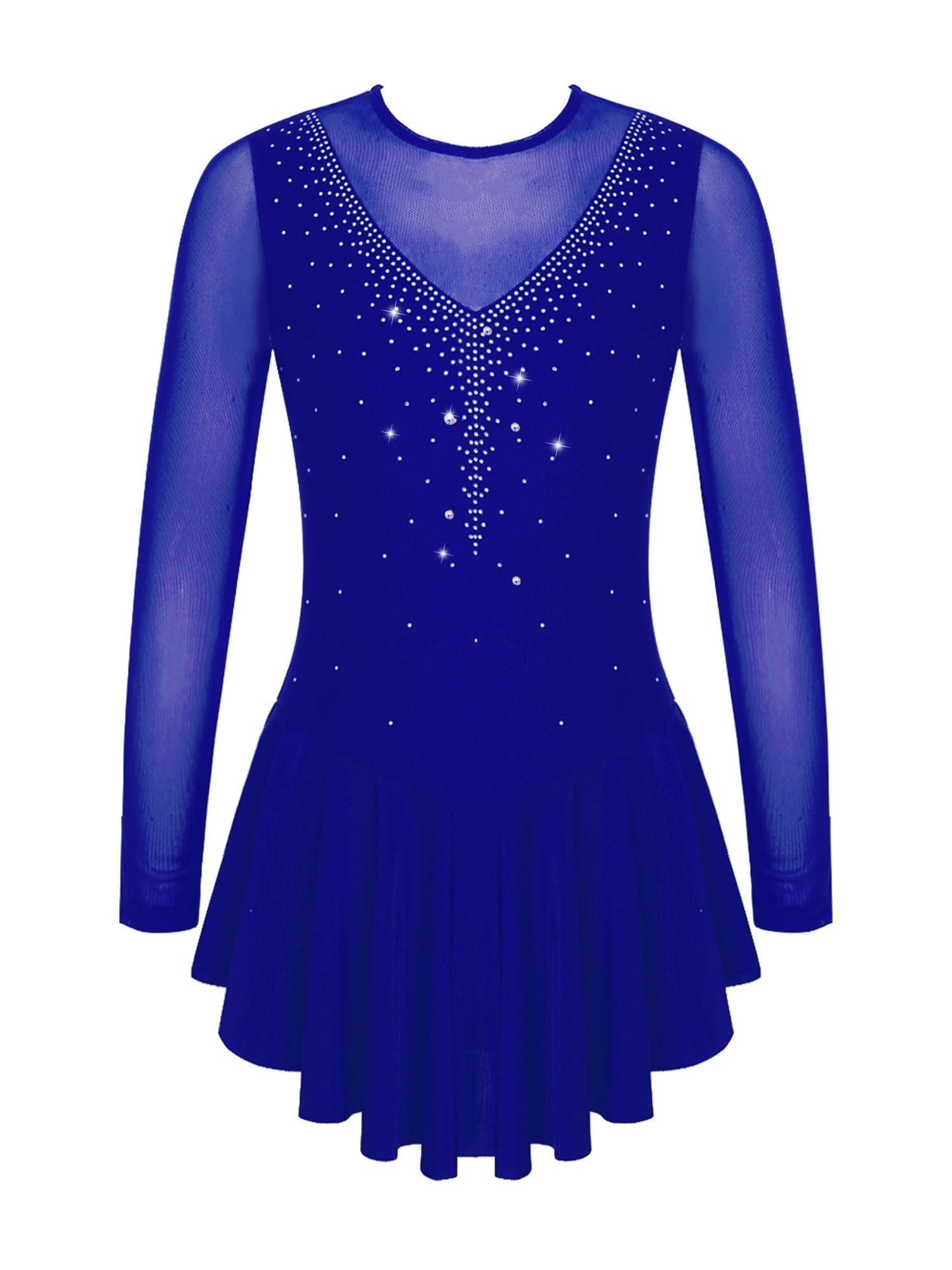 Eiskunstlauf Kleid Mädchen Mädchen-Eiskunstlaufkleid mit Strasssteinen, durchsichtiges Ballett-Trikotkleid, Mesh-Spleiß-Stil, Eislauf-Performance-Tanzbekleidung(Blue,12)