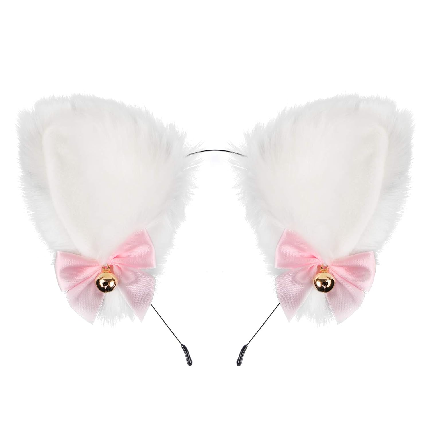 Faux Furry Anime Faux Fur Fox Ear Headband with Bells, Plush Cosplay Neko Hairband for Halloween Costume Party Fancy Dress (White-Inner White)