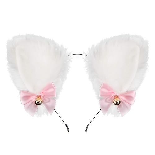 Diadema de orejas de gato con campanas, pelo sintético anime, con orejas de gato de piel sintética y orejas de gato para cosplay, accesorios para