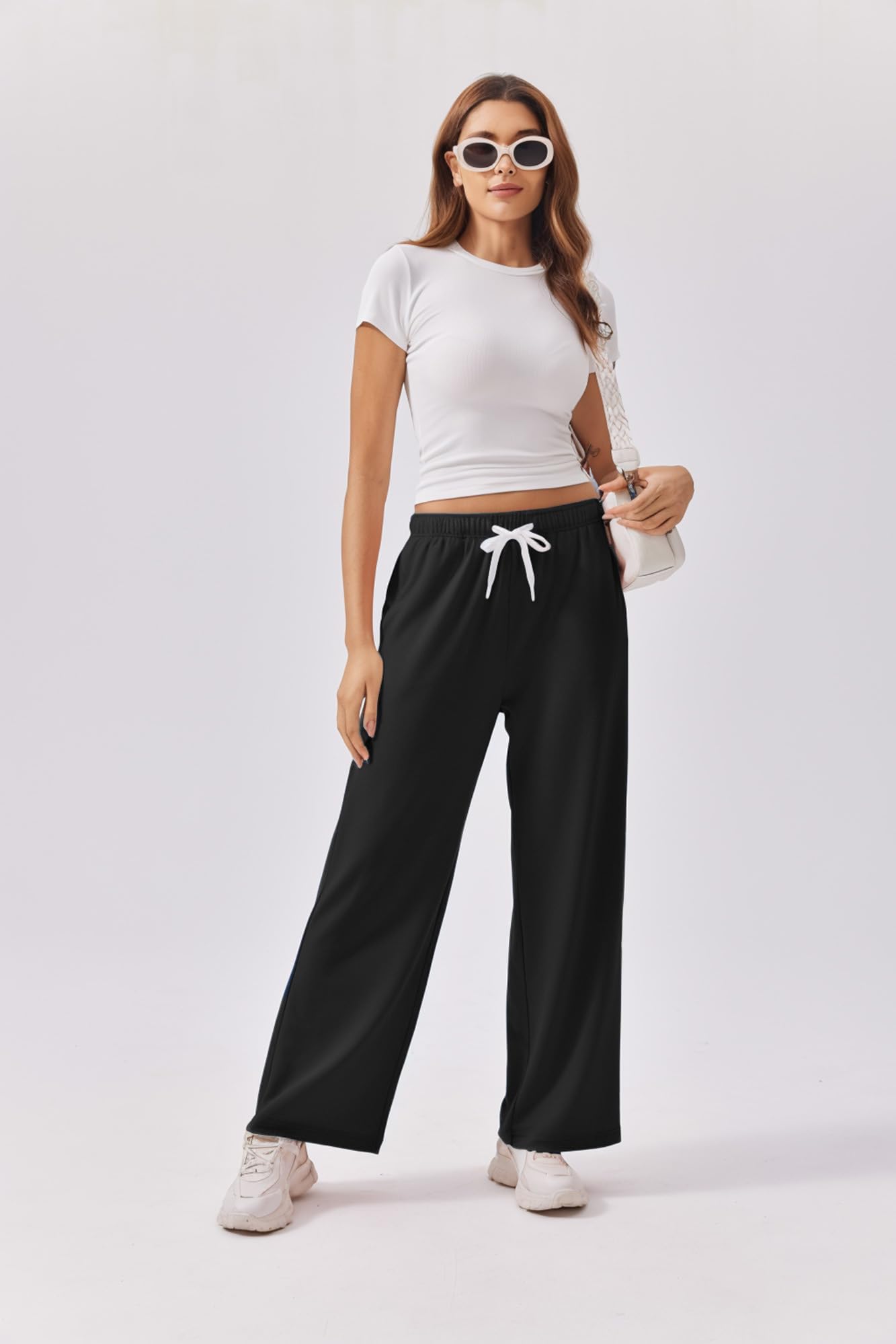 PINSPARK Pantalones de chándal para mujer, pantalones de deporte largos y holgados, pantalones de entrenamiento de cintura alta, pantalones de chándal sueltos con cintura elástica, pierna recta ancha