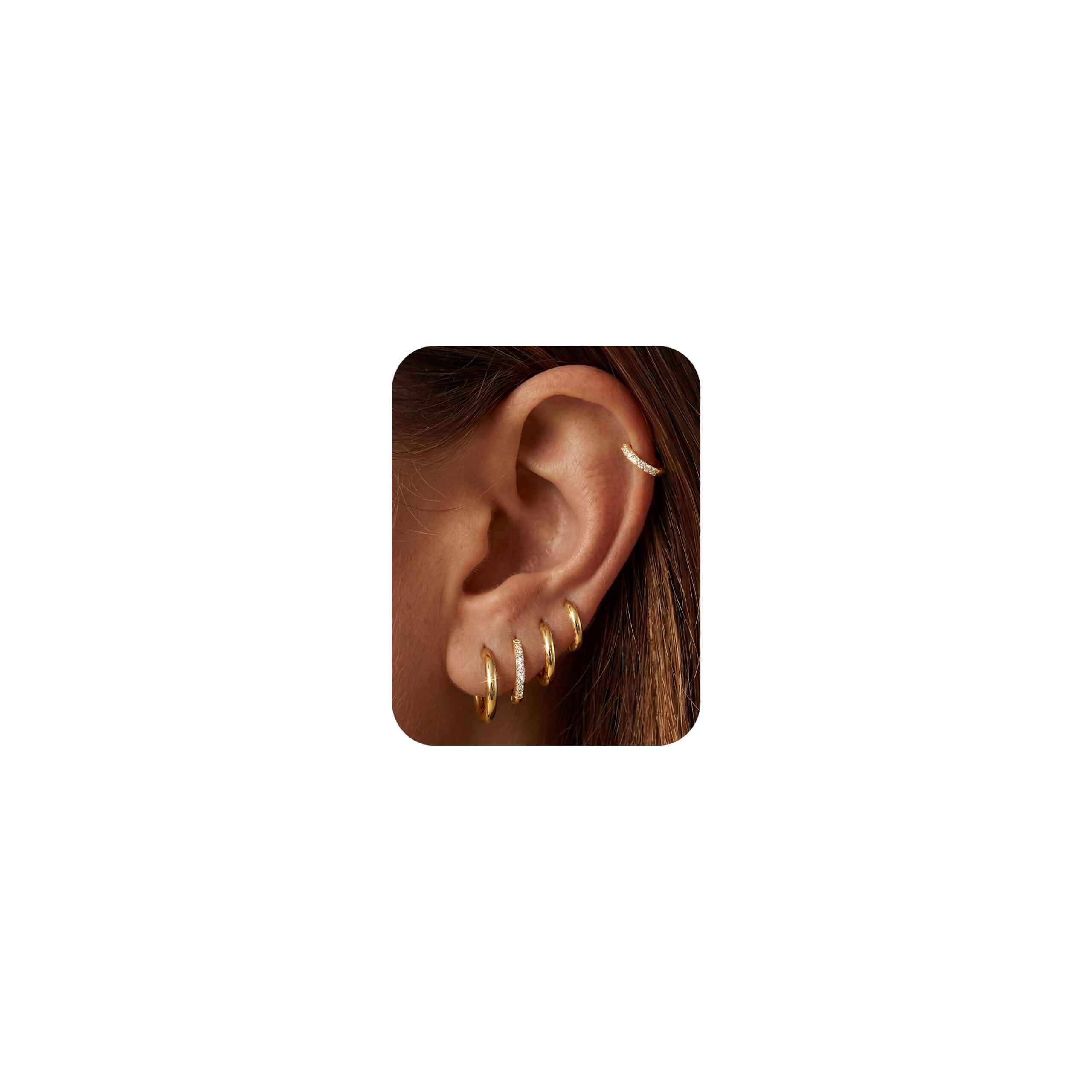 Tungary Small Gold Hoop Earrings for Women Huggie CZ Hoops Earring Stacks Hypoallergenic Earing Hoops for Sensitive Ears, Earrings Stack Set for Cartilage, Secure Clasp, Silver/Black/14K Gold Plated