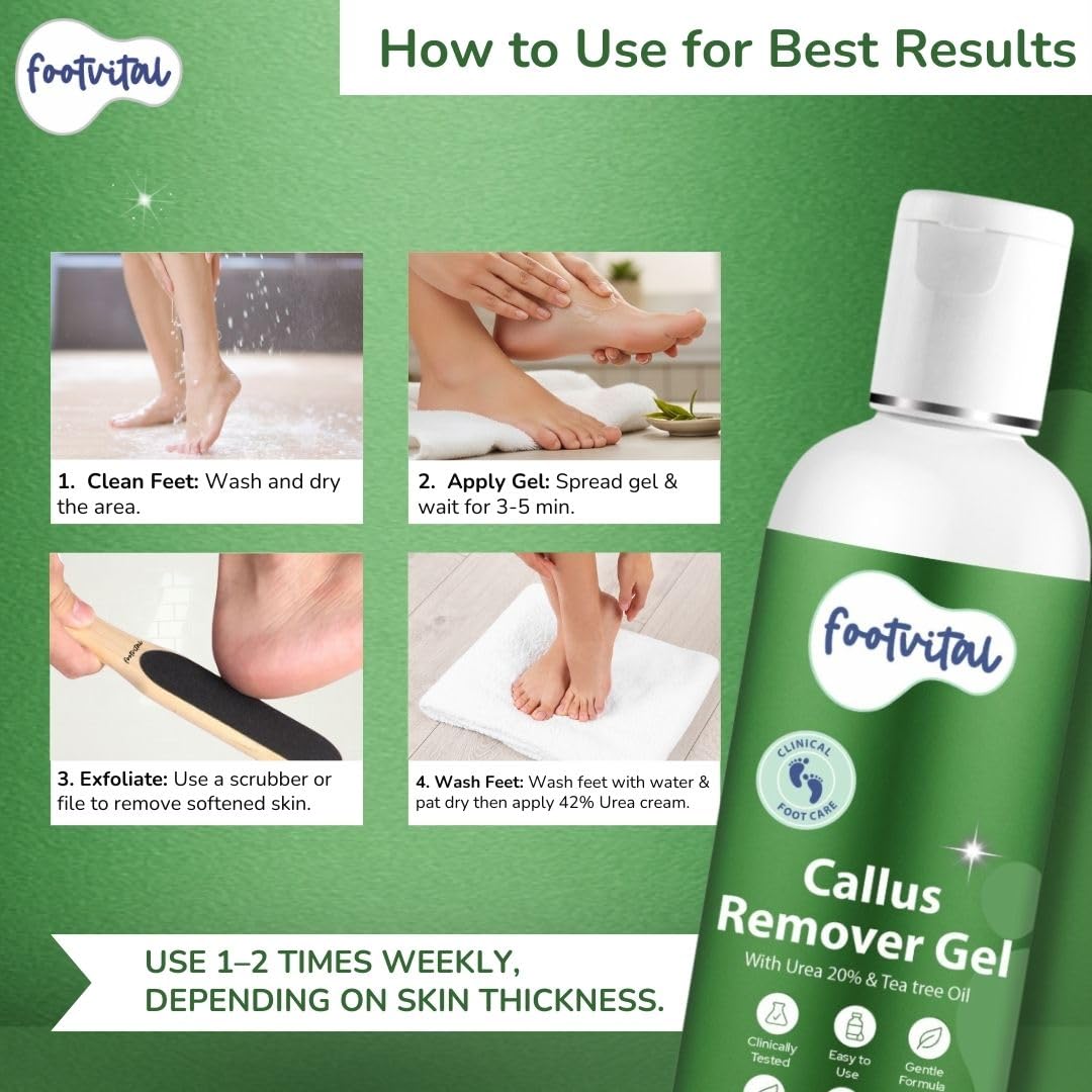 Footvital Callus Remover Gel 100ml | 20% Urea & Tea Tree Oil | targeted callus & dead skin removal for heels & soles | gentle skin softening formula | clinically tested | for men & women 3