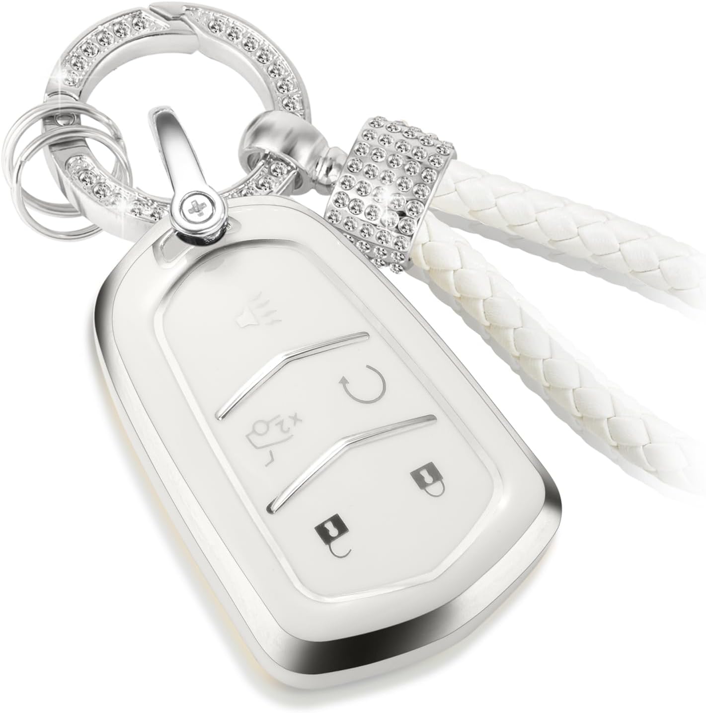 CTRINEWS for Cadillac Key Fob Cover with Luxury Diamond Bling Braided Rope Keychain, Upgraded Soft Key Case for 2015-2019 Escalade CTS SRX XT5 ATS STS CT6 (5 Buttons) (Silver Edge Bling)