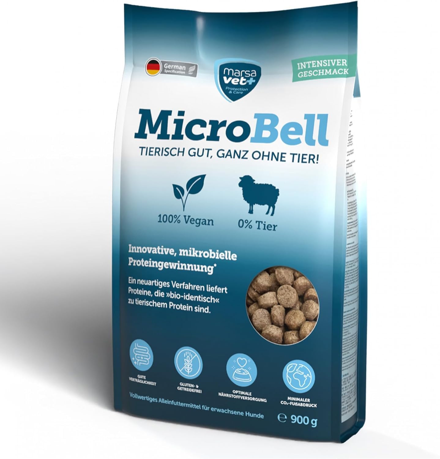 Marsavet Premium Vegan Dry Dog Food MicroBell – 900g. Monoprotein dog food with microbial proteins, suitable for vegetarians, dogs with allergies, and sensitive dogs