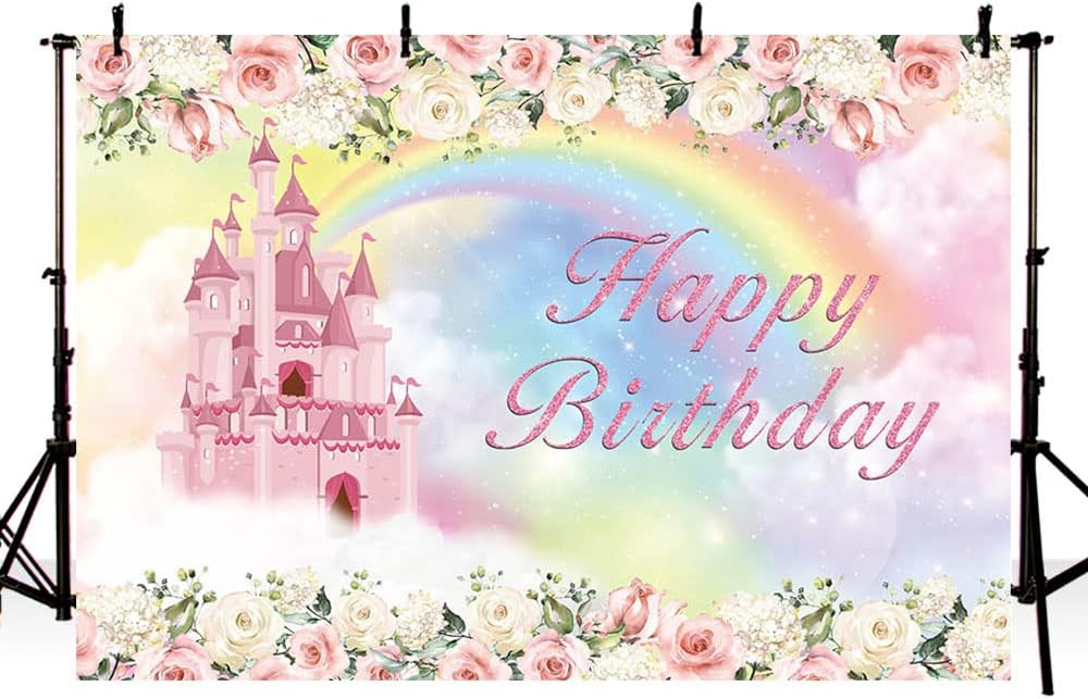 MEHOFOND 7x5ft Pastel Girl Birthday Photo Backdrop Rainbow Castle Pink and White Flower Giltter Cloud Princess Photography Background Kids Party Banner Cake Table Decoration Photo Booth Studio