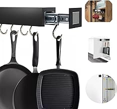 Qulable Pull Out Pot Rack, Expandable Pot Rack,16.53-31.85 Inch Adjustable Pot and Pan Rack Pot Hanger with 5 Hooks, Sliding Pot Lid Rack for Cabinet, Pantry,Wardrobe,Cupboard