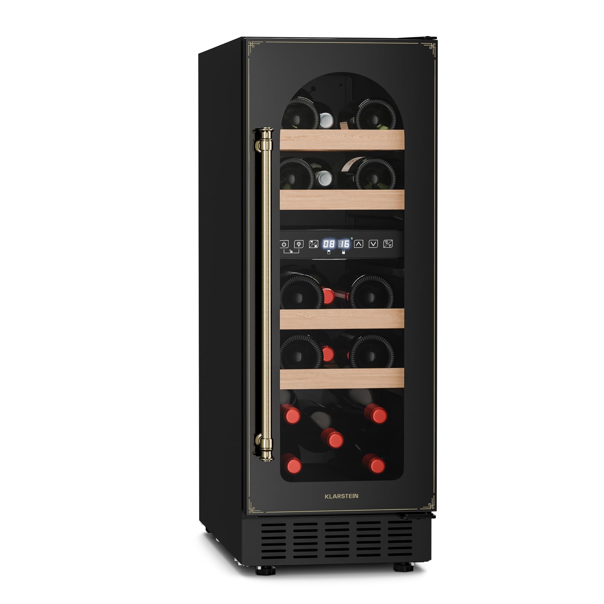 Klarstein Nevera de vino empotrada, pequeña nevera estrecha, 2 zonas, con puerta de cristal, para interior y exterior, caja fuerte de bayas, nevera pequeña con protección UV, 5 – 22 °C, 17 botellas