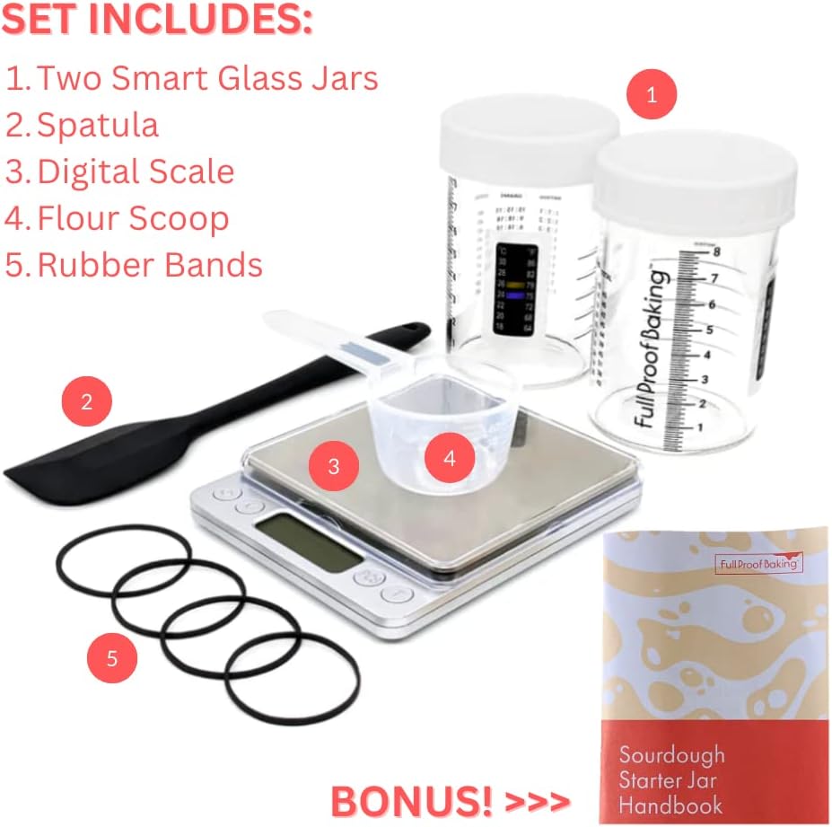 Full Proof Baking Sourdough Starter Kit | 1/2 Hour Guide Video (link) | Two 10oz Glass Smart Jars w/Thermometers, Rulers, Feeding Ratios | Digital Scale | Spatula and Scoop, (Starter Not Included)